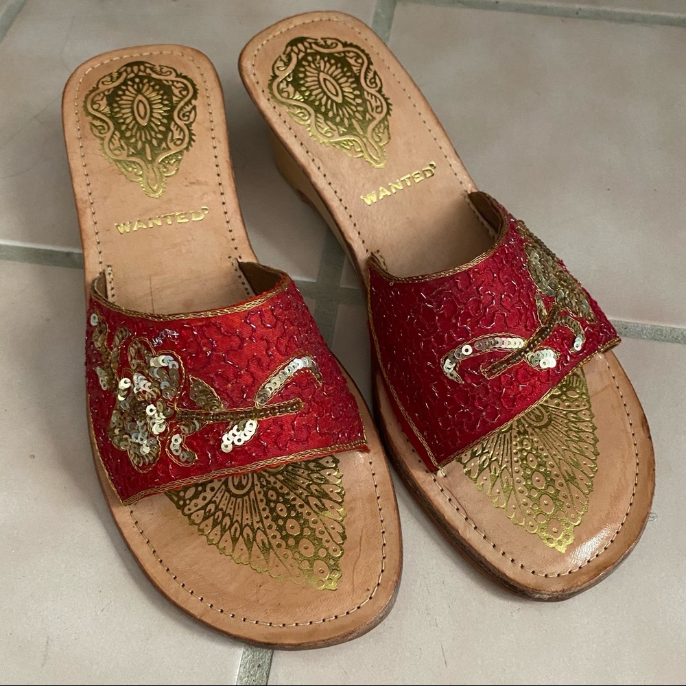 Wanted wedge heel sandals womens size 8 beaded sequin bohemian Bollywood floral